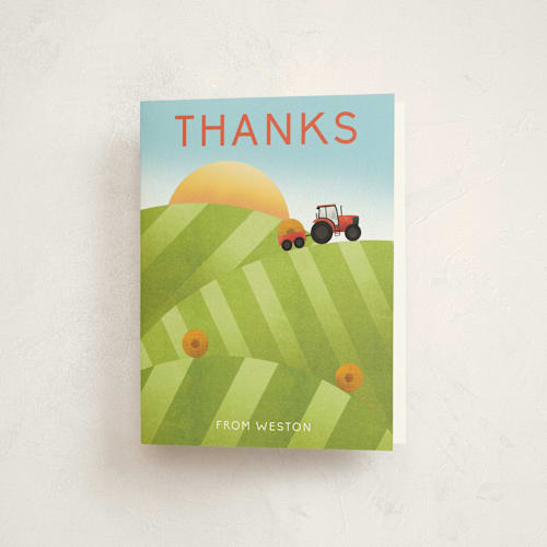 This is a field kids thank you cards with standard by Erin German called down on the farm printing on strathmore in standard