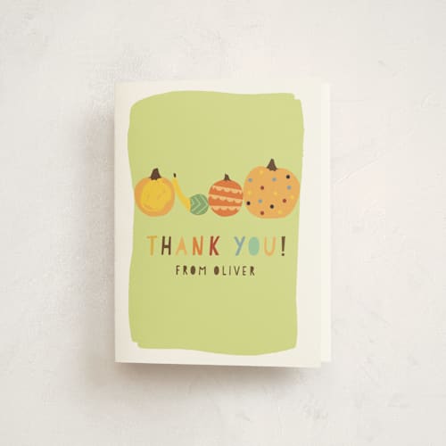 This is a pistachio kids thank you cards with standard by Michelle Shanaman called pumpkin party printing on strathmore in standard