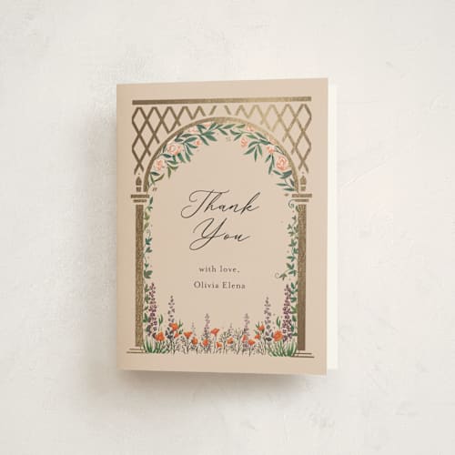 This is a sand graduation thank you cards with foil pressed by Becky Nimoy called victorian trellis printing on strathmore in standard