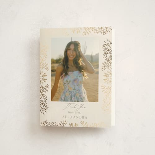 This is a cream graduation thank you cards with foil pressed by Nicoletta Savod called quinceañera elegance printing on strathmore in standard