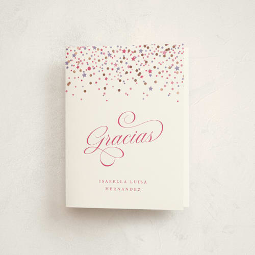 This is a berry graduation thank you cards with foil pressed by Olivia Raufman called confetti sparkle printing on strathmore in standard