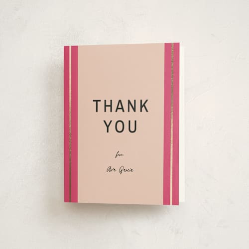 This is a hot pink graduation thank you cards with foil pressed by Ani Somi called ribbon stripes printing on strathmore in standard