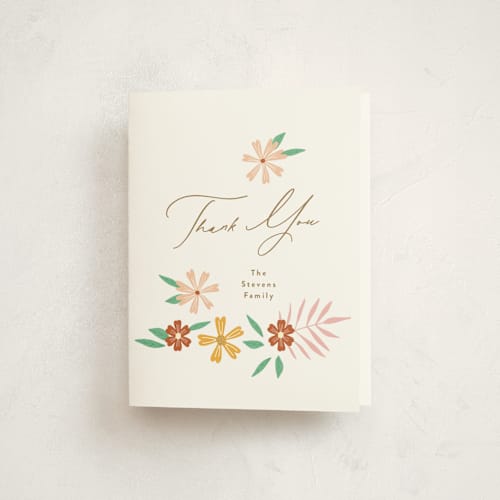 This is a peach kids thank you cards with standard by Phrosné Barwood called blooms printing on strathmore in standard