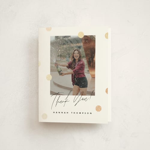 This is a pearl graduation thank you cards with foil pressed by Pink House Press called you did it! printing on strathmore in standard