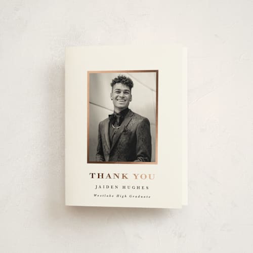 This is a pearl graduation thank you cards with foil pressed by Hooray Creative called tres chic printing on strathmore in standard