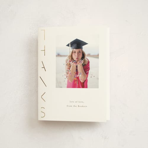 This is a latte graduation thank you cards with foil pressed by Deynaaz Daraei called pansy printing on strathmore in standard