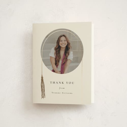 This is a crepe graduation thank you cards with foil pressed by Corinne Malesic called tassel arch printing on strathmore in standard