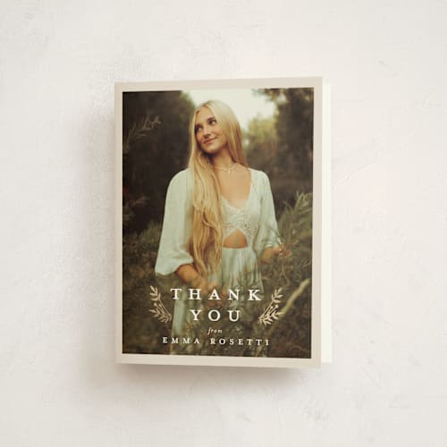 This is a ivory graduation thank you cards with foil pressed by Sarah Curry called laurel branches printing on strathmore in standard