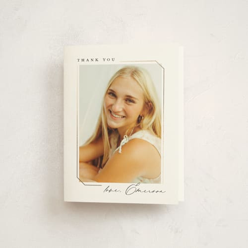 This is a noir graduation thank you cards with foil pressed by Emily Betts called simply sweet frame printing on strathmore in standard