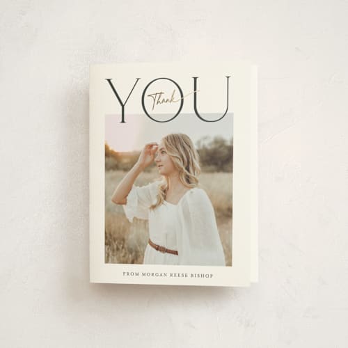 This is a charcoal graduation thank you cards with foil pressed by Carolyn MacLaren called top of class printing on strathmore in standard