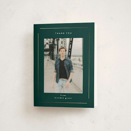 This is a forest green graduation thank you cards with foil pressed by Stacey Meacham called elegant minimalism printing on strathmore in standard
