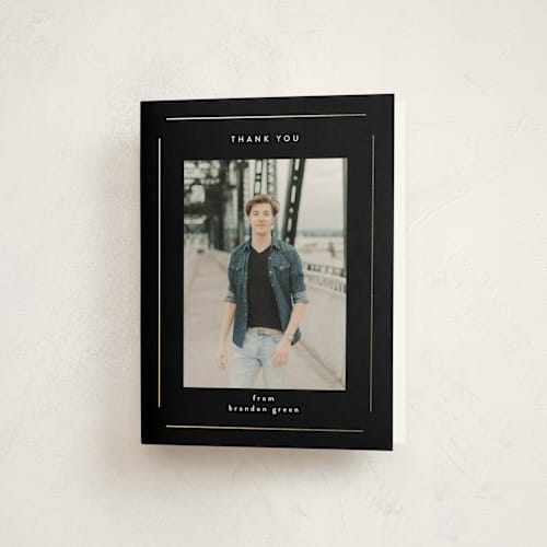 This is a midnight graduation thank you cards with foil pressed by Stacey Meacham called elegant minimalism printing on strathmore in standard