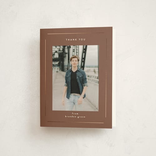 This is a copper graduation thank you cards with foil pressed by Stacey Meacham called elegant minimalism printing on strathmore in standard