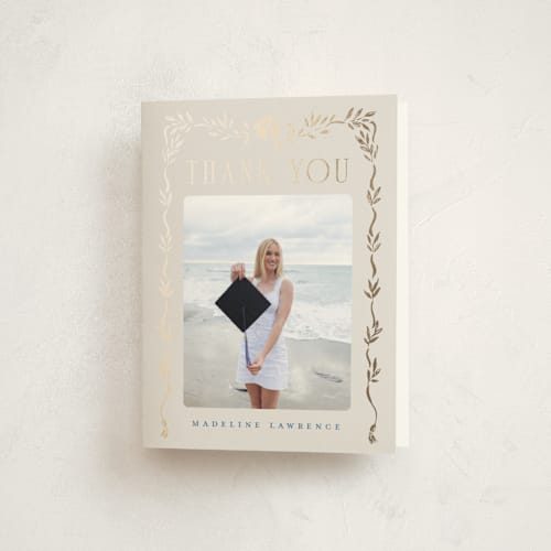 This is a indigo graduation thank you cards with foil pressed by Petra Kern called grad crest printing on strathmore in standard