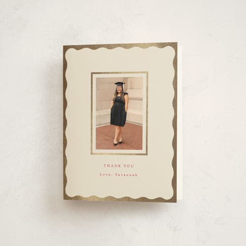 This is a crimson graduation thank you cards with foil pressed by Baumbirdy called decorative frame printing on strathmore in standard