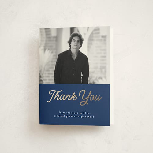 This is a navy graduation thank you cards with foil pressed by BR Designs called retro vintage grad printing on strathmore in standard