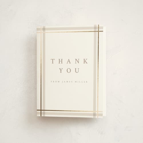 This is a tan graduation thank you cards with foil pressed by Ashley Presutti Beasley called traditional plaid printing on strathmore in standard