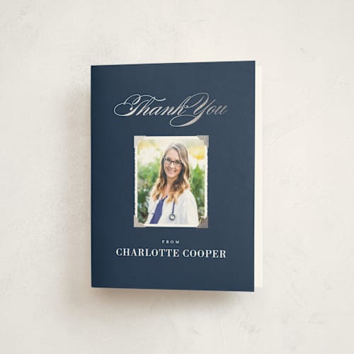 This is a navy graduation thank you cards with foil pressed by Jill Means called medical degree printing on strathmore in standard