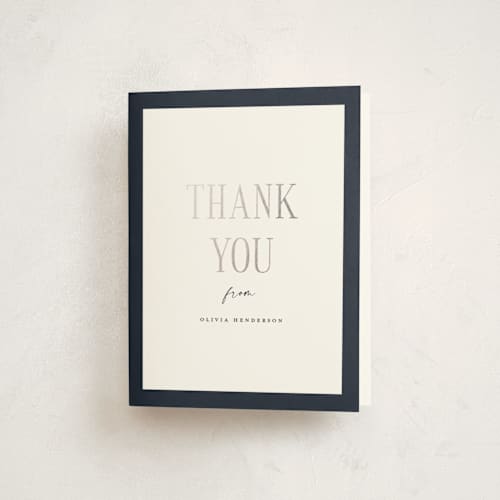 This is a navy graduation thank you cards with foil pressed by Christy Hy Lee called classic layout printing on strathmore in standard