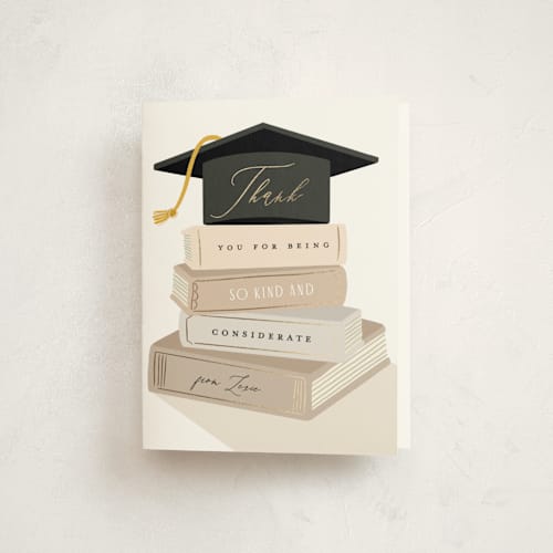 This is a ash graduation thank you cards with foil pressed by Susan Zinader called book stack printing on strathmore in standard