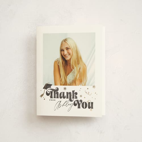 This is a cotton graduation thank you cards with foil pressed by Creo Study called grad party type printing on strathmore in standard