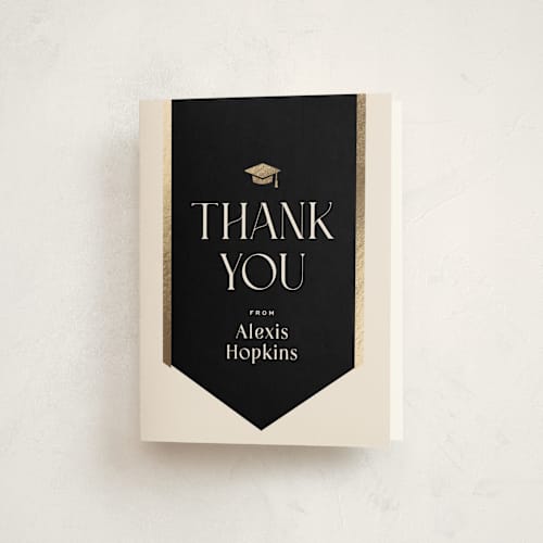 This is a onyx graduation thank you cards with foil pressed by Hooray Creative called graduation stole printing on strathmore in standard
