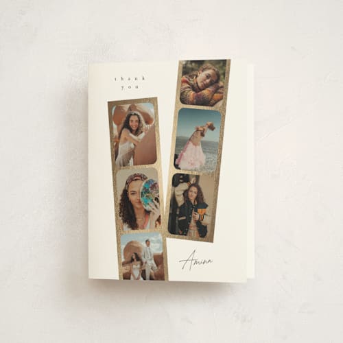 This is a pearl graduation thank you cards with foil pressed by Leah Bisch called snapshots printing on strathmore in standard