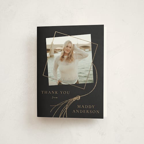 This is a chalkboard graduation thank you cards with foil pressed by Beth Murphy called tassel dance printing on strathmore in standard