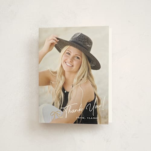 This is a noir graduation thank you cards with foil pressed by Paper Raven Co. called sweet grad cap printing on strathmore in standard