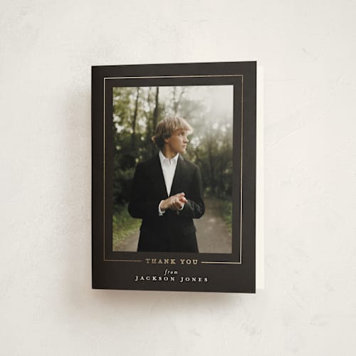 This is a truffle graduation thank you cards with foil pressed by Joanna Griffin called straight arrow printing on strathmore in standard