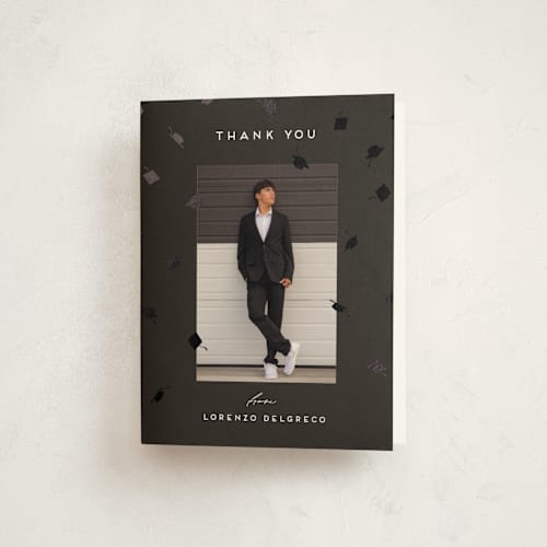 This is a ardoise graduation thank you cards with foil pressed by Jamie Alexander called hats off grad printing on strathmore in standard