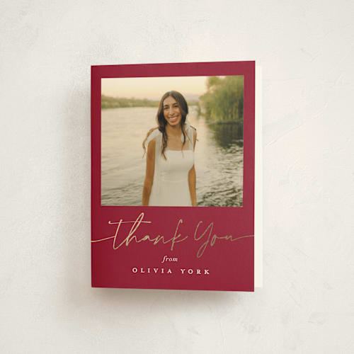 This is a crimson graduation thank you cards with foil pressed by Sarah Curry called graduation gallery printing on strathmore in standard