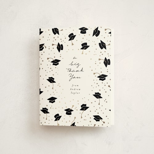 This is a cloud graduation thank you cards with foil pressed by Alethea and Ruth called hat fling printing on strathmore in standard