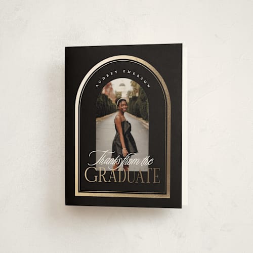 This is a black cap graduation thank you cards with foil pressed by Erin L. Wilson called commencement printing on strathmore in standard