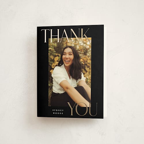 This is a licorice graduation thank you cards with foil pressed by Jessica Williams called scholarly surround printing on strathmore in standard
