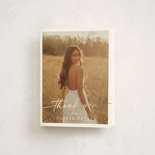 This is a snow graduation thank you cards with foil pressed by Sarah Curry called graduate script printing on strathmore in standard