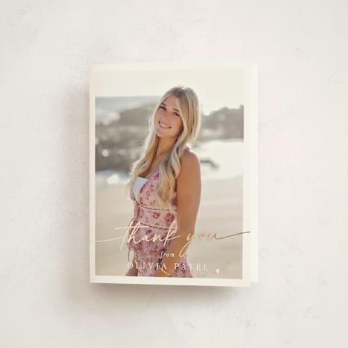 This is a snow graduation thank you cards with foil pressed by Sarah Curry called graduate script printing on strathmore in standard