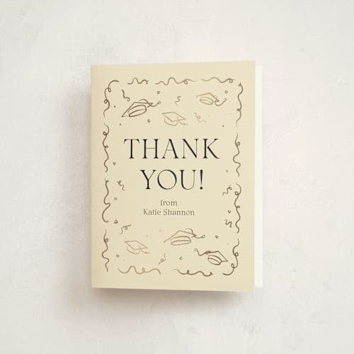 This is a ivory graduation thank you cards with foil pressed by Zove Ahhh called cheers to the grad printing on strathmore in standard