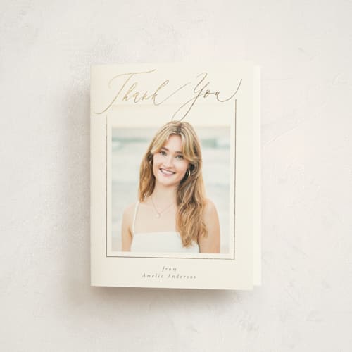 This is a latte graduation thank you cards with foil pressed by Deynaaz Daraei called carlisle printing on strathmore in standard