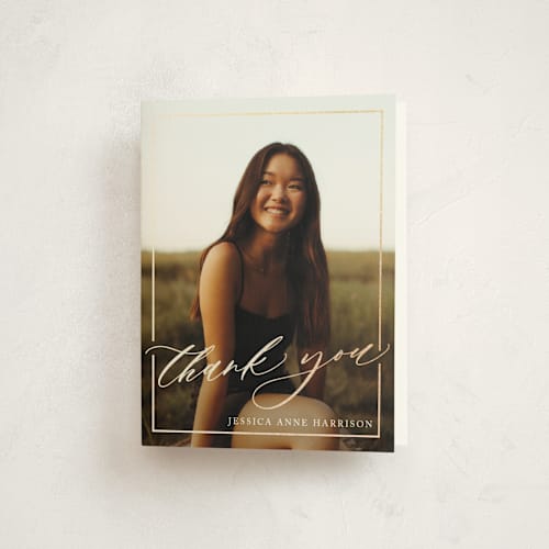 This is a ivory graduation thank you cards with foil pressed by Yaling Hou Suzuki called break boundaries printing on strathmore in standard