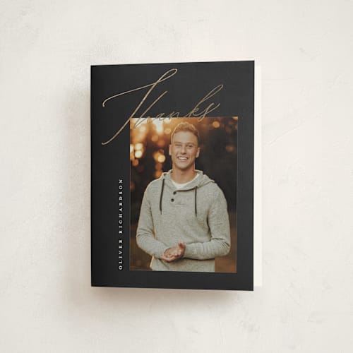 This is a licorice graduation thank you cards with foil pressed by Jessica Williams called brilliance printing on strathmore in standard