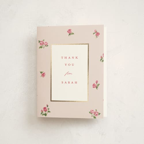 This is a blush graduation thank you cards with foil pressed by Teju Reval called romantic roses printing on strathmore in standard
