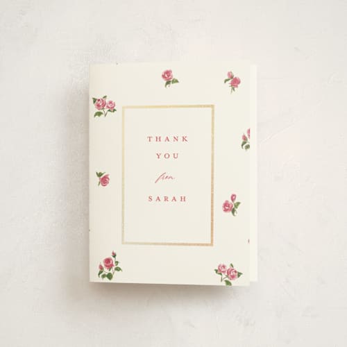 This is a porcelain graduation thank you cards with foil pressed by Teju Reval called romantic roses printing on strathmore in standard
