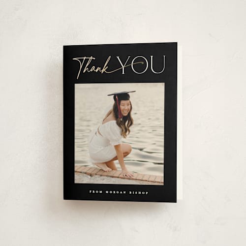 This is a ink graduation thank you cards with foil pressed by Carolyn MacLaren called timeline printing on strathmore in standard
