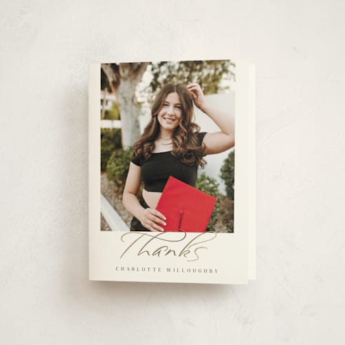 This is a onyx graduation thank you cards with foil pressed by Olivia Raufman called serene collage printing on strathmore in standard