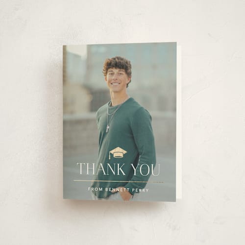 This is a pearl graduation thank you cards with foil pressed by Jennifer Postorino called academy printing on strathmore in standard
