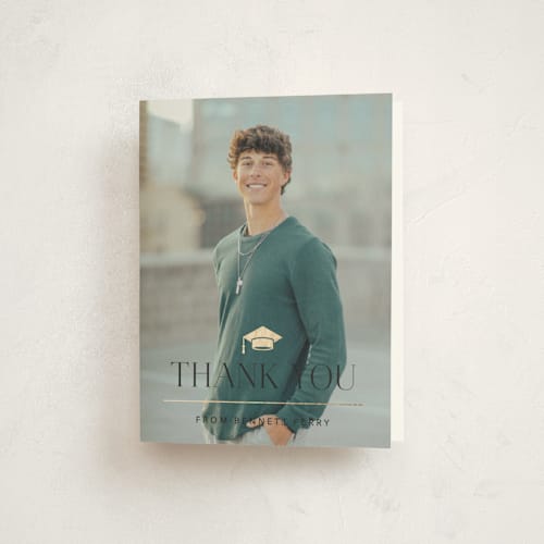 This is a onyx graduation thank you cards with foil pressed by Jennifer Postorino called academy printing on strathmore in standard