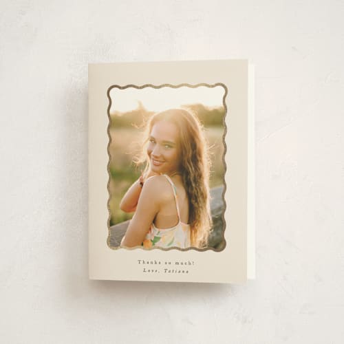 This is a vanilla graduation thank you cards with foil pressed by Phrosné Barwood called gilded wave frame printing on strathmore in standard