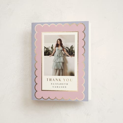 This is a lavender graduation thank you cards with foil pressed by Maria Alou called graduation stamp printing on strathmore in standard