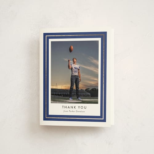 This is a blueberry graduation thank you cards with foil pressed by Jessica Williams called class tradition printing on strathmore in standard